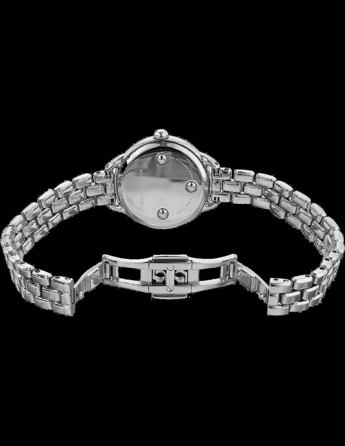 Visage cadran Marc Jacobs MJ3497 avec index appliqués et aiguilles dauphine polies sur fond argenté