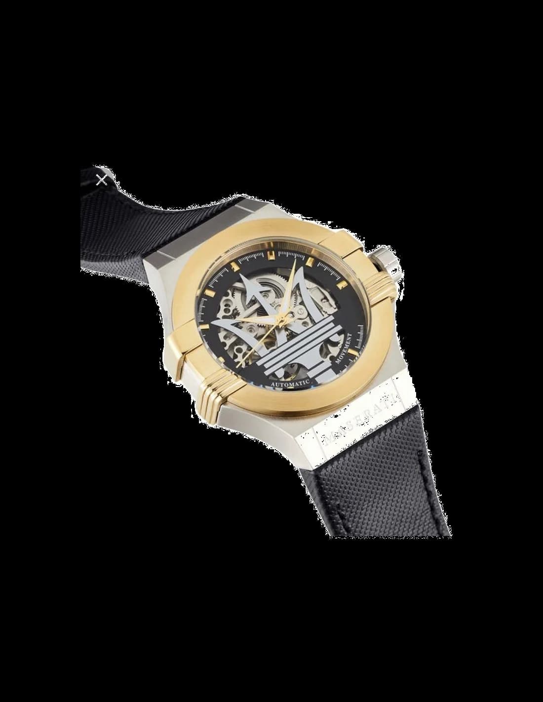 Attache bracelet Maserati R8821108011 en cuir noir cousu main avec boucle ardillon signée Maserati