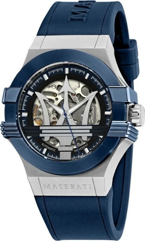 Garde-temps Maserati R8821108028 avec cadran squelette bleu, aiguilles luminescentes et index bâtons sur fond ouvert