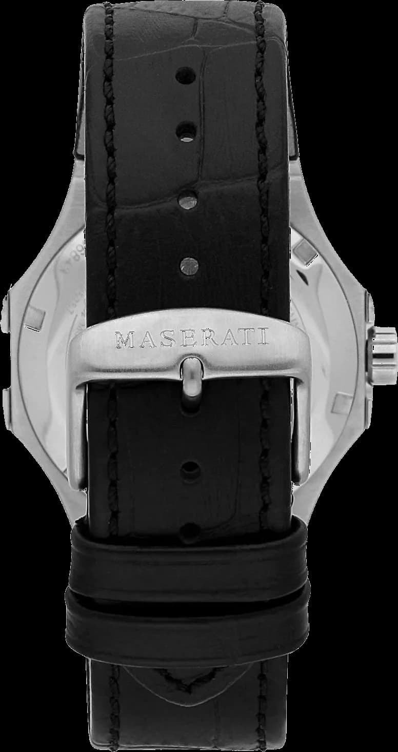 Attache bracelet Maserati R8821108038 en cuir noir cousu, fermoir déployant en acier gravé du logo Maserati