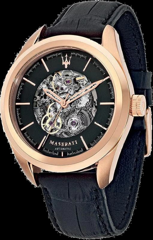 Garde-temps Maserati R8821112001 arborant cadran noir squelette ouvert révélant mouvement automatique et aiguilles bâtons luminescentes