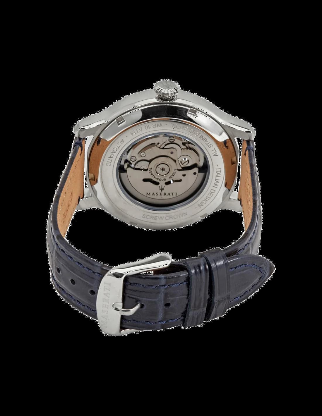 Attache bracelet Maserati R8821118002 en cuir noir cousu main et boucle ardillon en acier brossé