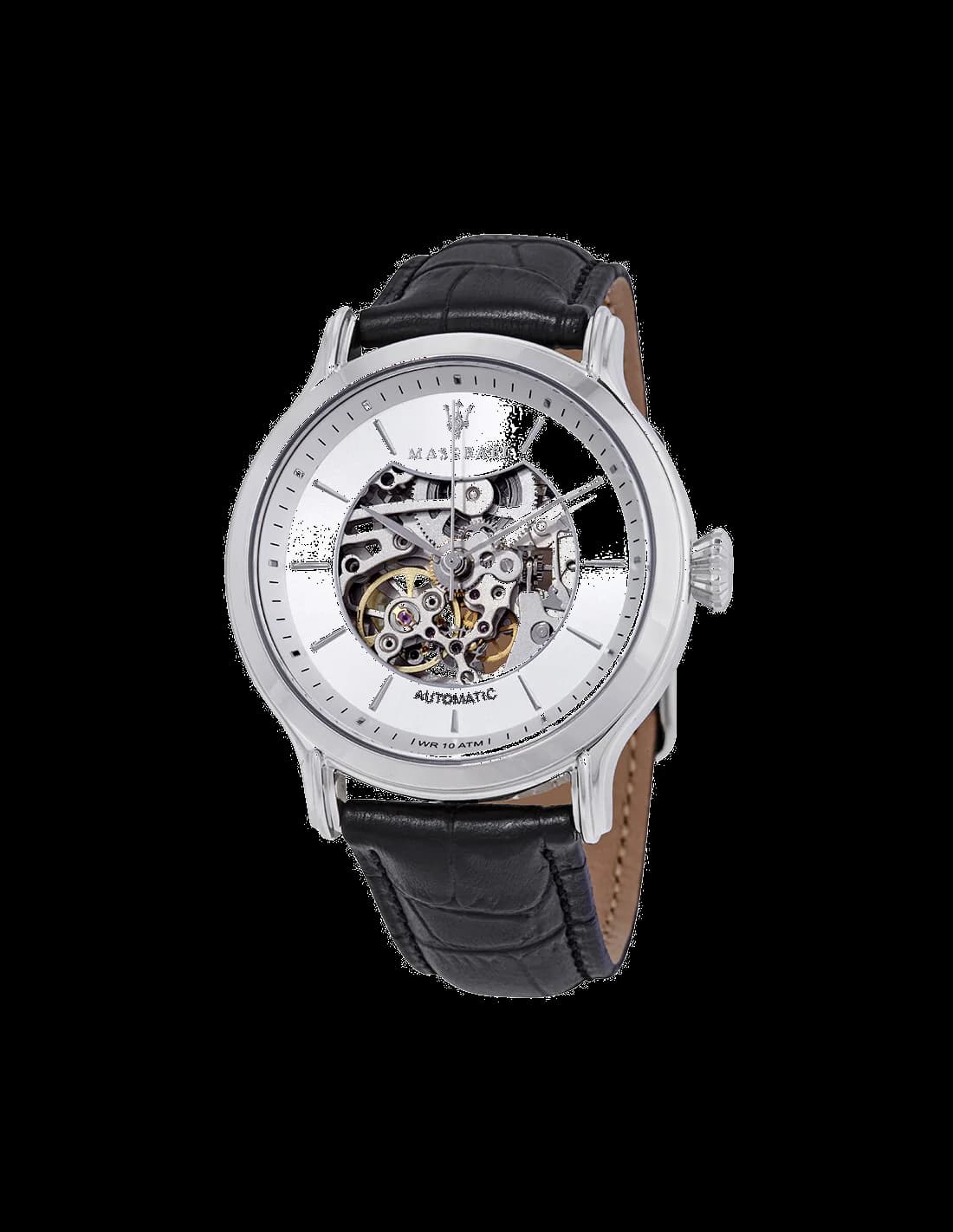 Garde-temps Maserati R8821118003 avec cadran squelette dévoilant mécanisme automatique, aiguilles dorées sur fond noir