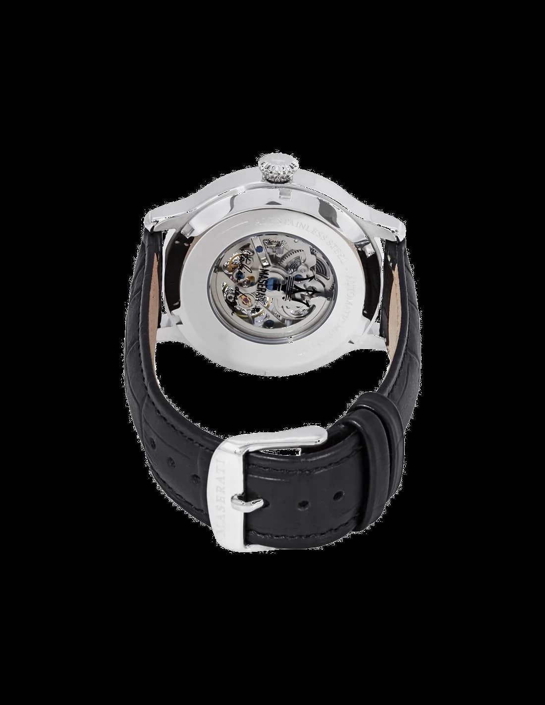 Attache bracelet Maserati R8821118003 bracelet en cuir noir cousu main, boucle déployante acier avec logo gravé