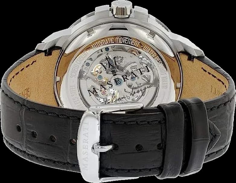 Attache bracelet Maserati R8821119002 en cuir noir grainé surpiqué blanc fermoir déployant boucle signée Maserati