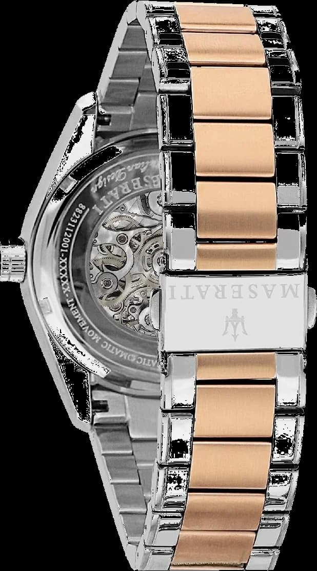 Attache bracelet Maserati R8823112001 en cuir noir cousu main avec surpiqûres contrastées et boucle ardillon gravée du trident