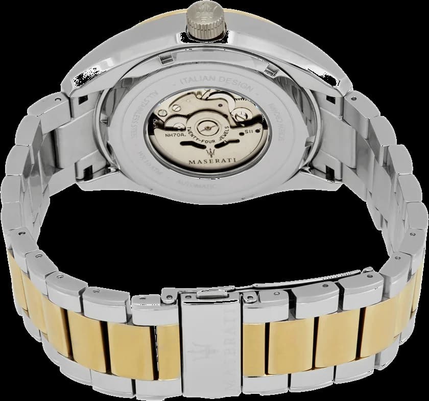 Attache bracelet Maserati R8823112003 en acier inoxydable bicolore à maillons mixtes, fermoir déployant sécurisé gravé du logo