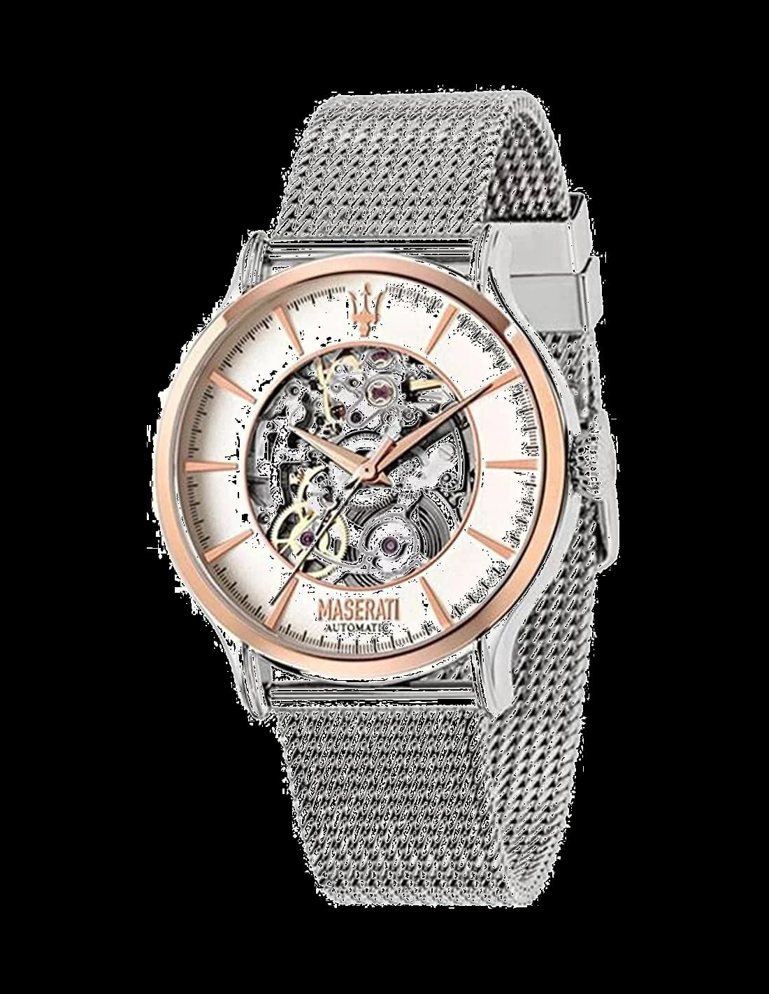 Garde-temps Maserati R8823118001 au cadran squelette ouvert dévoilant le mouvement automatique sur fond noir soleillé