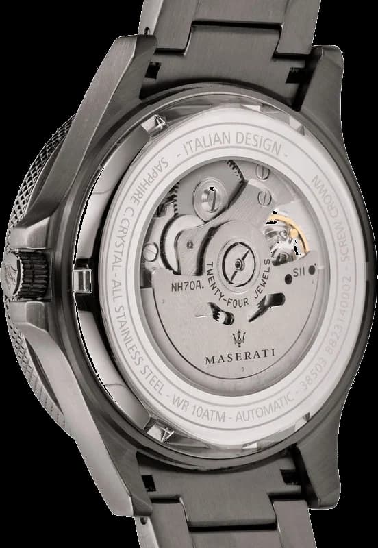 Visage cadran Maserati R8823140001 ponts squelettés visibles, aiguilles bâton rhodiées, index appliques, guichet date 3h, complication automatique