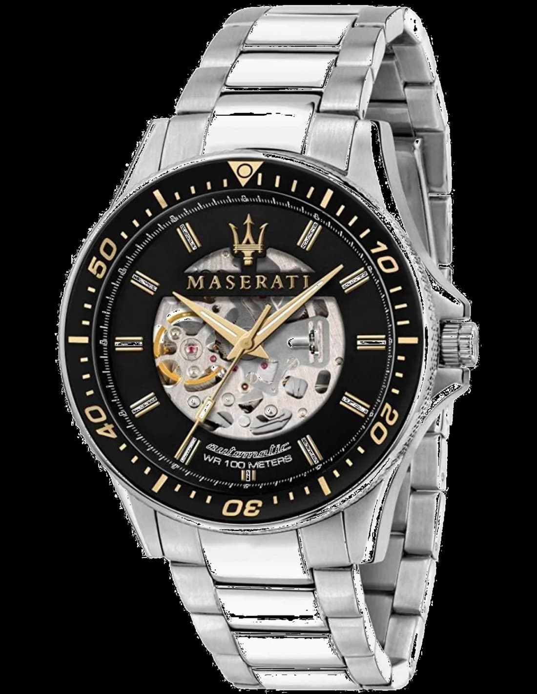 Garde-temps Maserati R8823140002 montre squelette noire avec cadran ouvert et index blancs sur fond noir