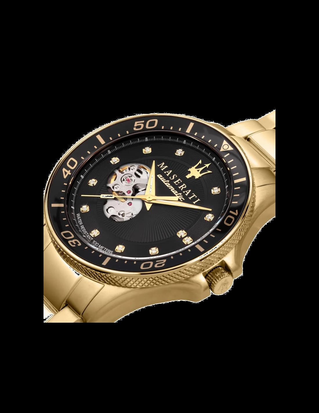 Visage cadran Maserati R8823140003 dévoile un compteur 24h à 3h et une fenêtre date à 6h, index appliqués bâton
