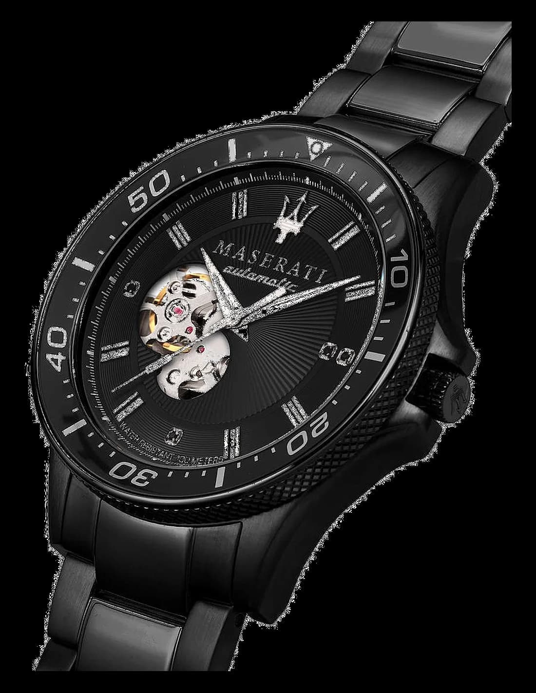 Visage cadran Maserati R8823140005 affiche aiguilles squelette style trident et guichet date à 3h
