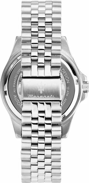 Attache bracelet Maserati R8823140011 en acier argenté avec maillons polis et satinés alternés fermoir déployant signé Maserati