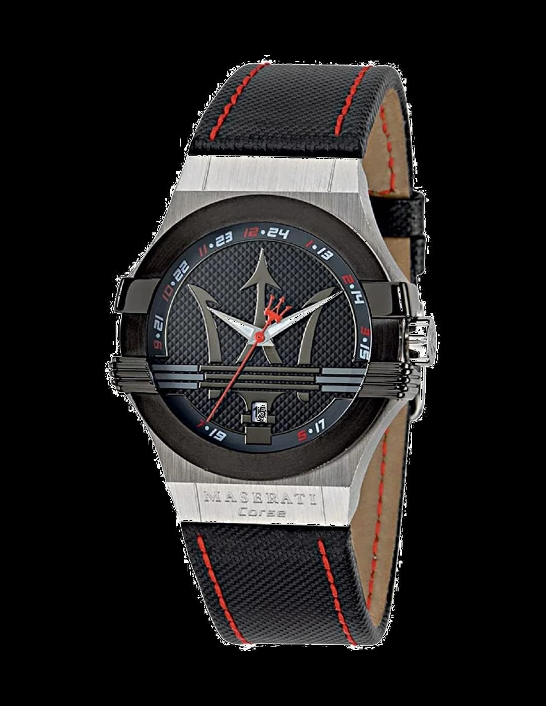 Garde-temps Maserati R8851108001 avec cadran noir soleillé et aiguilles luminescentes sur fond gris satiné