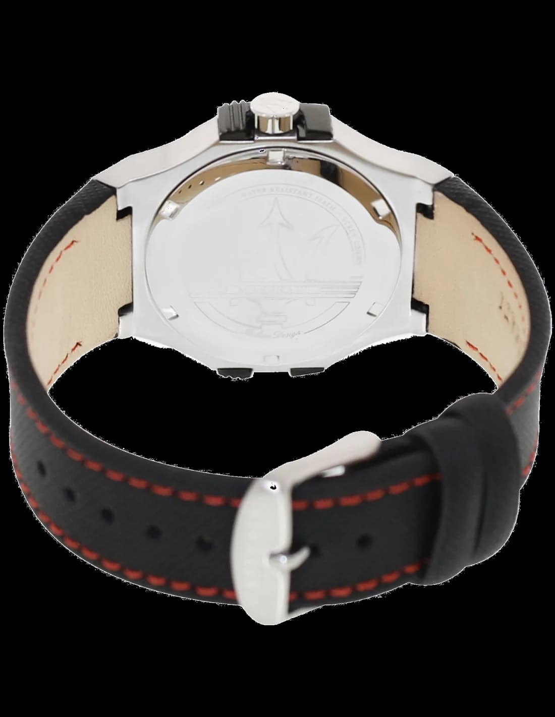 Attache bracelet Maserati R8851108001 en cuir noir à surpiqures rouges, boucle ardillon acier signée Maserati