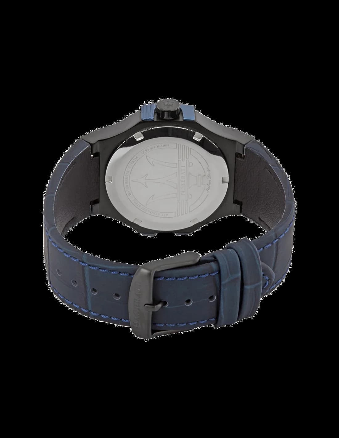 Attache bracelet Maserati R8851108007 bracelet cuir bleu cousu, boucle déployante acier avec logo Maserati gravé