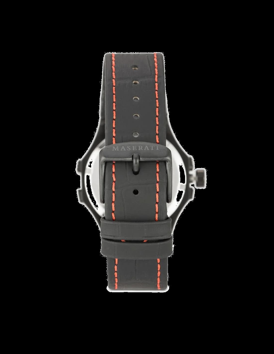 Attache bracelet Maserati R8851108010 en cuir noir cousu rouge avec boucle ardillon signée Maserati, surpiqûres contrastées