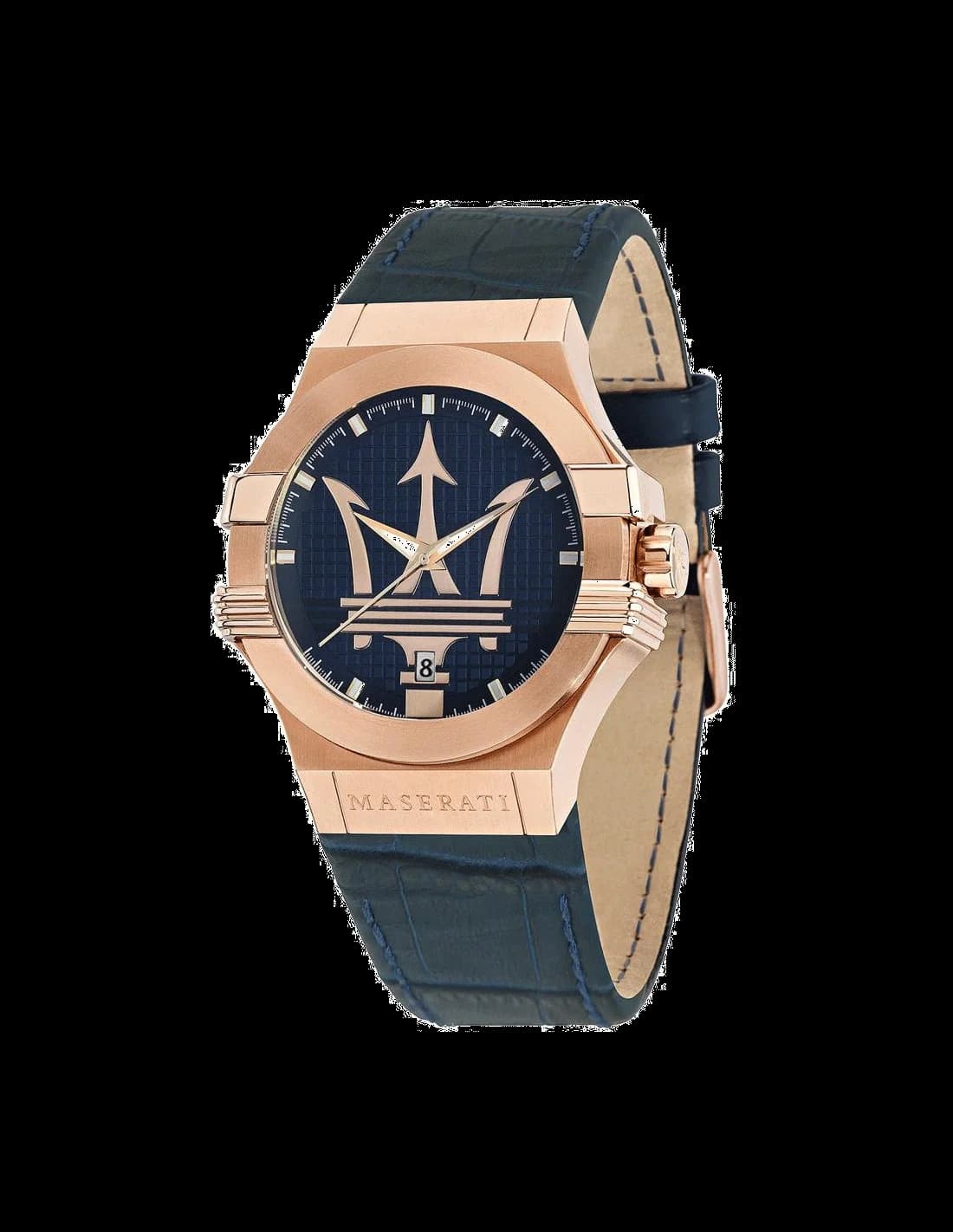 Montre Homme Maserati Potenza R8851108027, Cadran Noir, Boîtier Or Rose, Bracelet Cuir Bleu