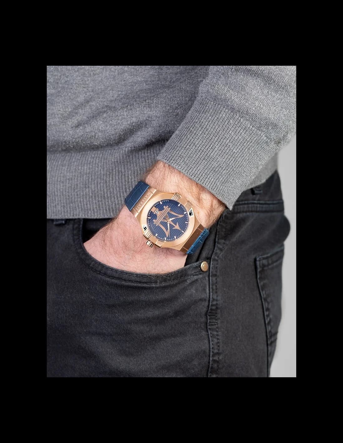 Montre Homme Maserati Potenza R8851108027, Cadran Noir, Boîtier Or Rose, Bracelet Cuir Bleu vue 4