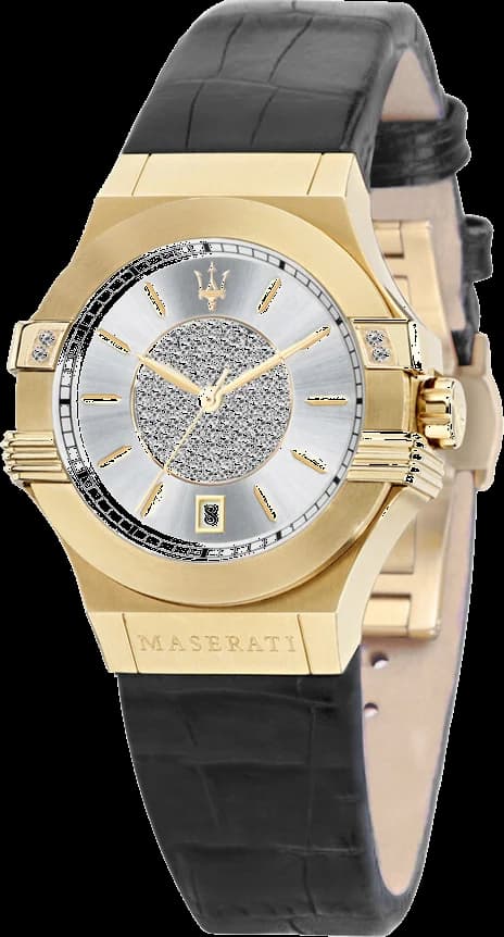 Montre Femme Maserati Potenza R8851108505 Quartz Cadran Argenté Boîtier Or Bracelet Cuir Noir