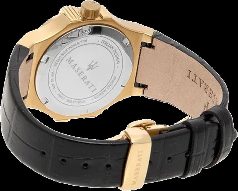 Attache bracelet Maserati R8851108505 en cuir noir cousu main, boucle ardillon acier signée Maserati