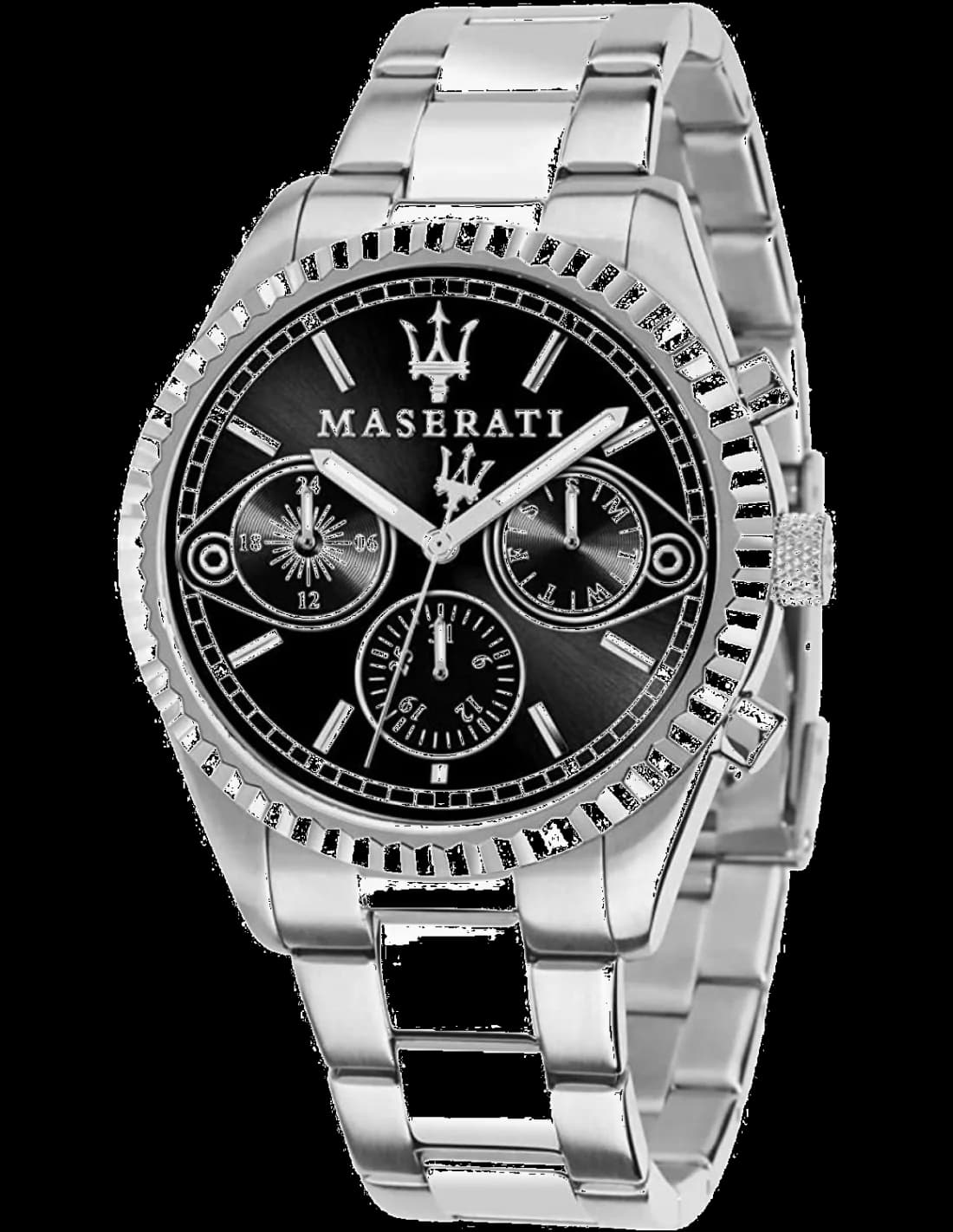 Garde-temps Maserati R8853100014 arborant un cadran noir soleillé avec index appliqués et aiguilles luminescentes
