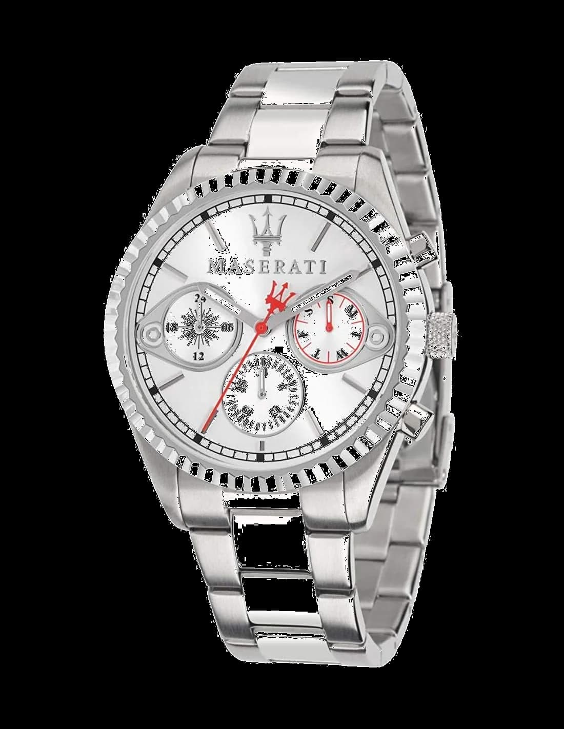Garde-temps Maserati R8853100017 cadran noir soleillé, compteurs chronographe blancs, aiguilles squelettes et index appliqués