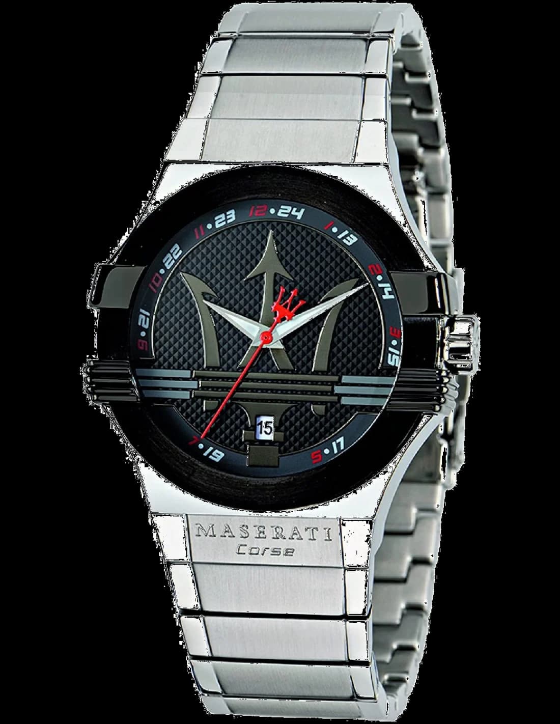 Garde-temps Maserati R8853108001 boîtier rond acier brossé cadran noir soleillé avec accents rouges sur index et trotteuse
