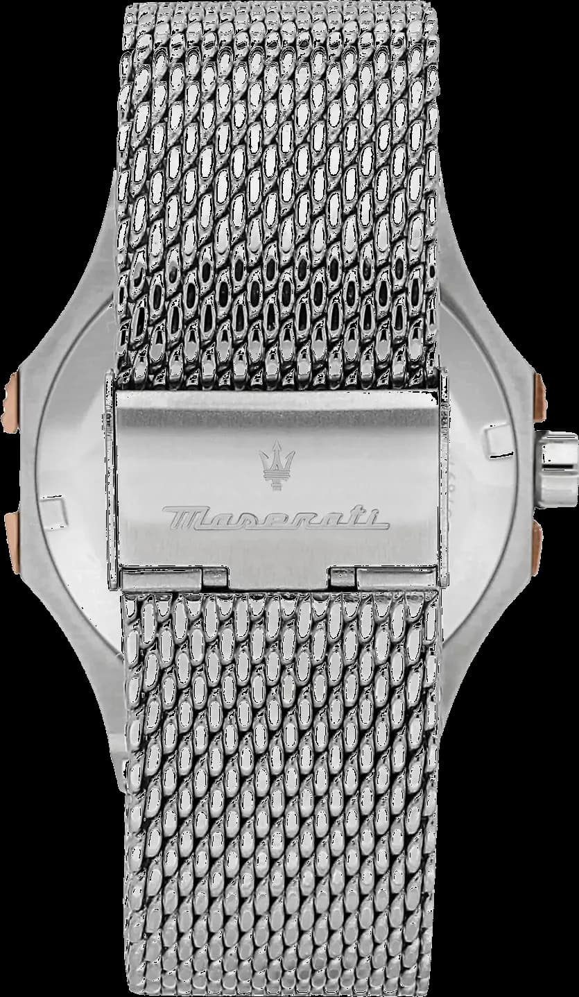 Attache bracelet Maserati R8853108007 en maille milanaise acier inoxydable avec fermoir déployant gravé Maserati