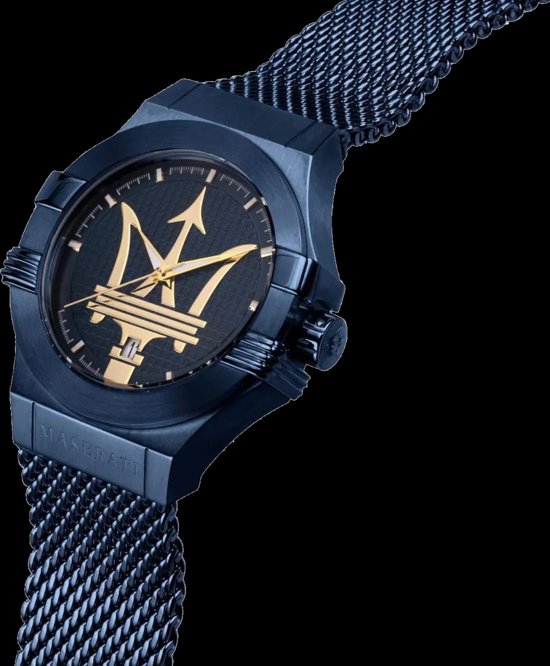 Visage cadran Maserati R8853108008 avec index appliqués et aiguilles luminescentes sur fond bleu, date à 3h