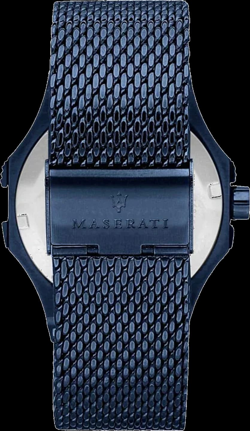 Attache bracelet Maserati R8853108008 en acier inoxydable brossé, fermoir déployant sécurisé, bleu assorti au cadran