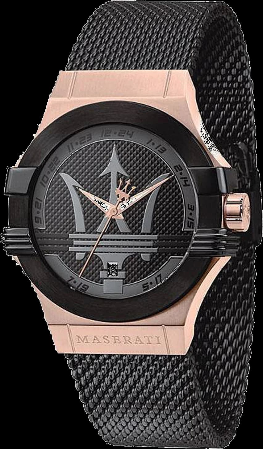 Montre Homme Maserati Potenza R8853108010 - Boîtier Or Rose, Cadran Noir, Bracelet Maille Milanaise Acier
