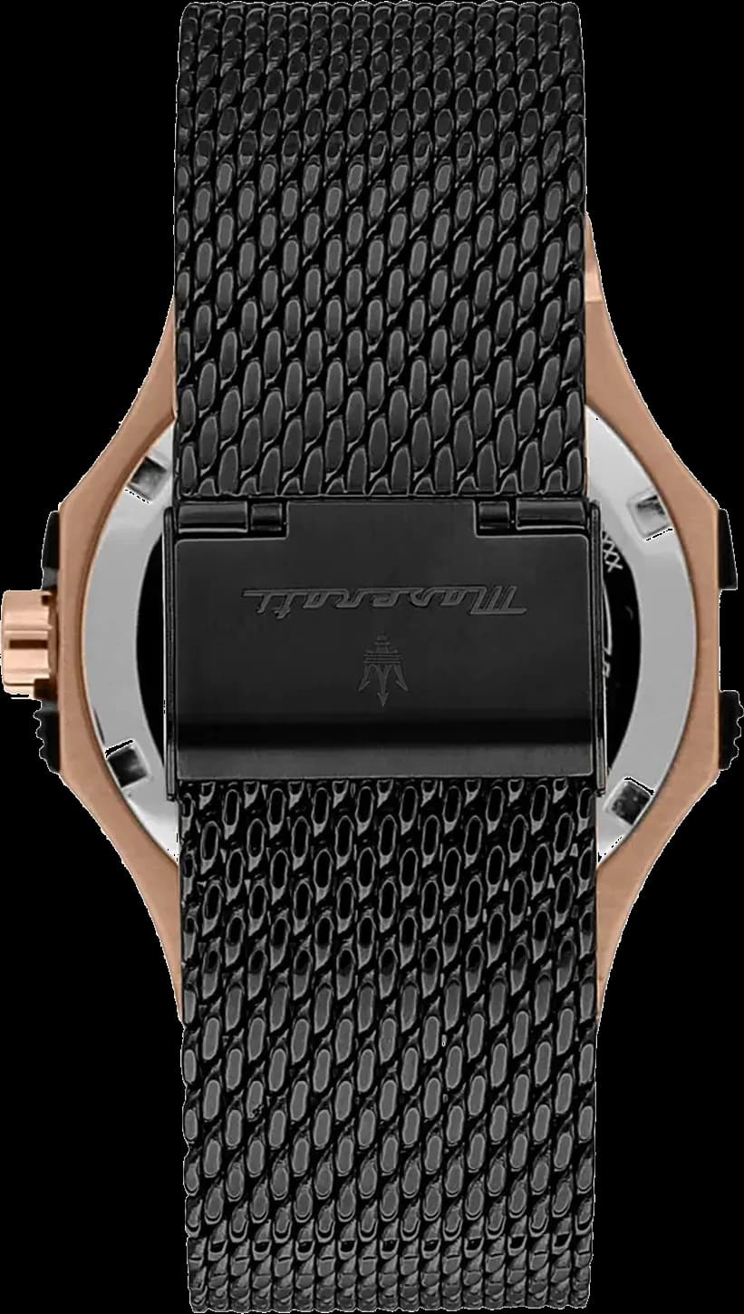 Attache bracelet Maserati R8853108010 en acier inoxydable noir maillé milanaise, fermoir déployant gravé Maserati