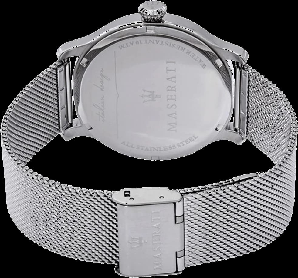 Attache bracelet Maserati R8853118006 en maille milanaise acier inoxydable, boucle déployante signée pour confort et sécurité