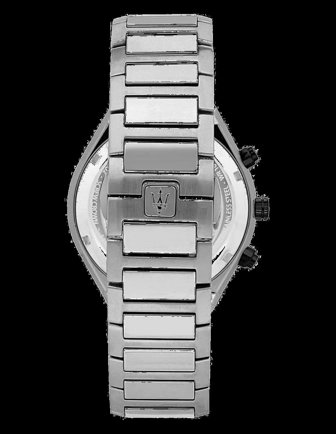 Visage cadran Maserati R8853142003 compteurs chronographe à 3h, 6h et 9h, guichet date à 4h30, aiguilles squelettes et index appliqués