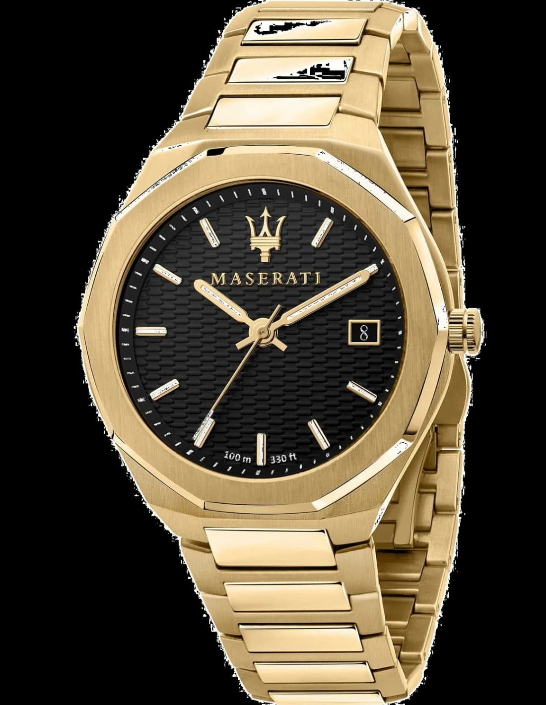Garde-temps Maserati R8853142004 avec cadran soleil noir et index appliques dorés, aiguilles dauphine polies offrant lisibilité et élégance sportive