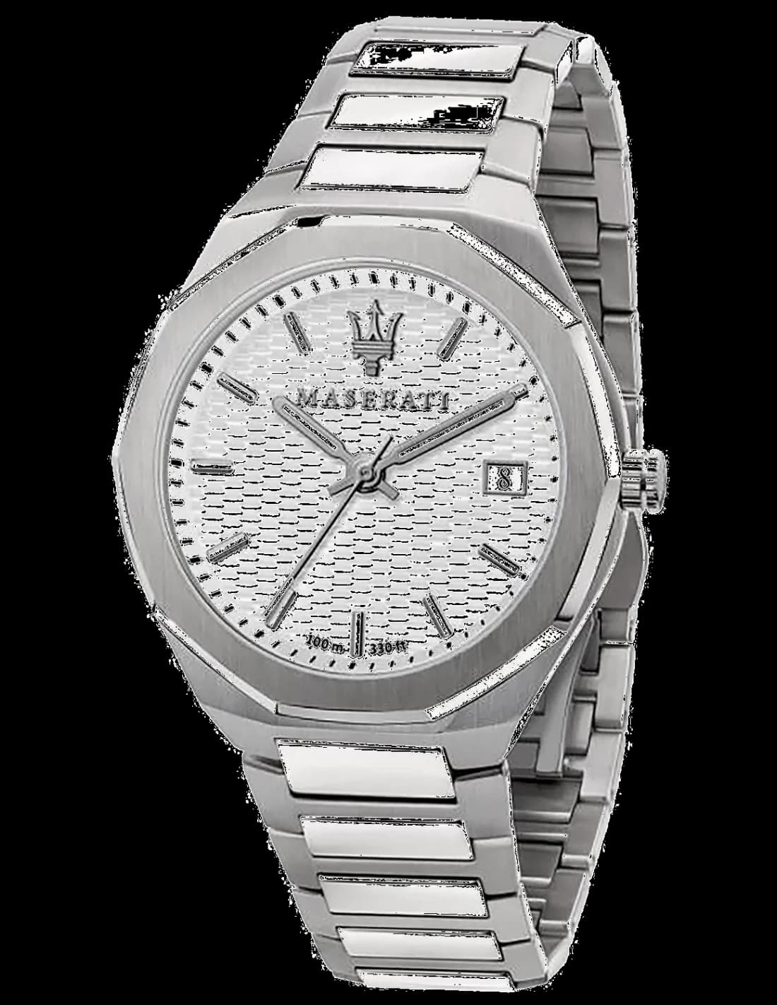 Garde-temps Maserati R8853142005 avec cadran argenté soleillé et aiguilles bâtons appliqués sous verre saphir