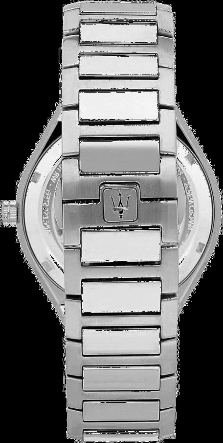 Attache bracelet Maserati R8853142005 en cuir noir cousu main sur boucle déployante acier inoxydable gravée du trident
