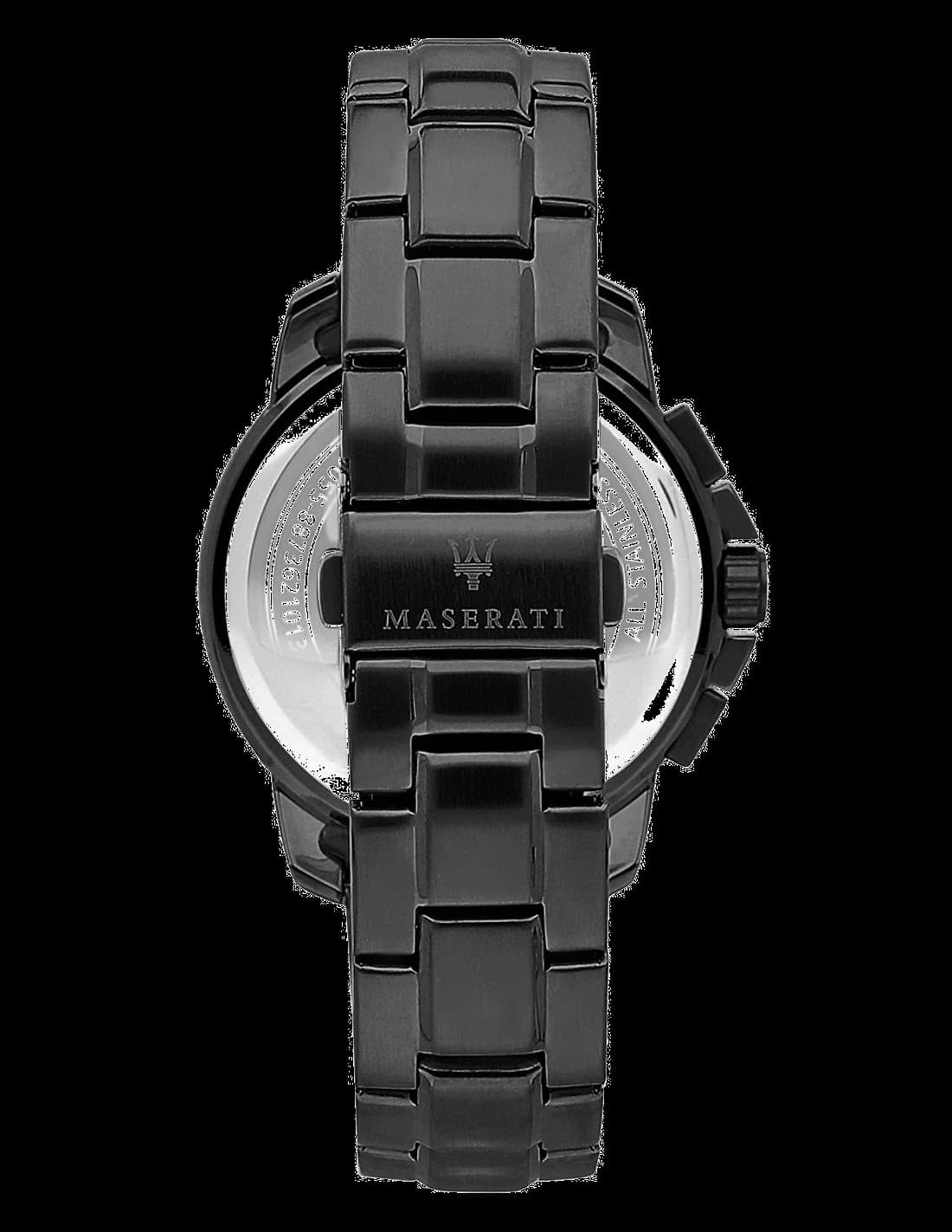 Attache bracelet Maserati R8853144001 offre un bracelet en acier noir PVD avec fermoir déployant à double bouton-poussoir et maillons ajustables