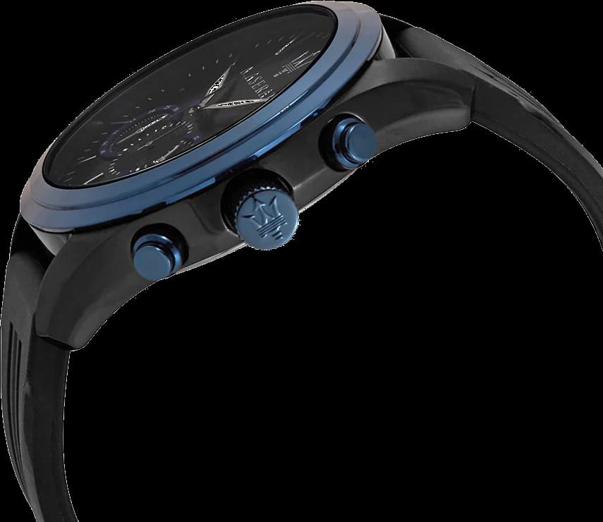 Visage cadran Maserati R8871612006 avec aiguilles squelette et guichet date à 4h30, compteurs 30 min et 12 h pour chronographe