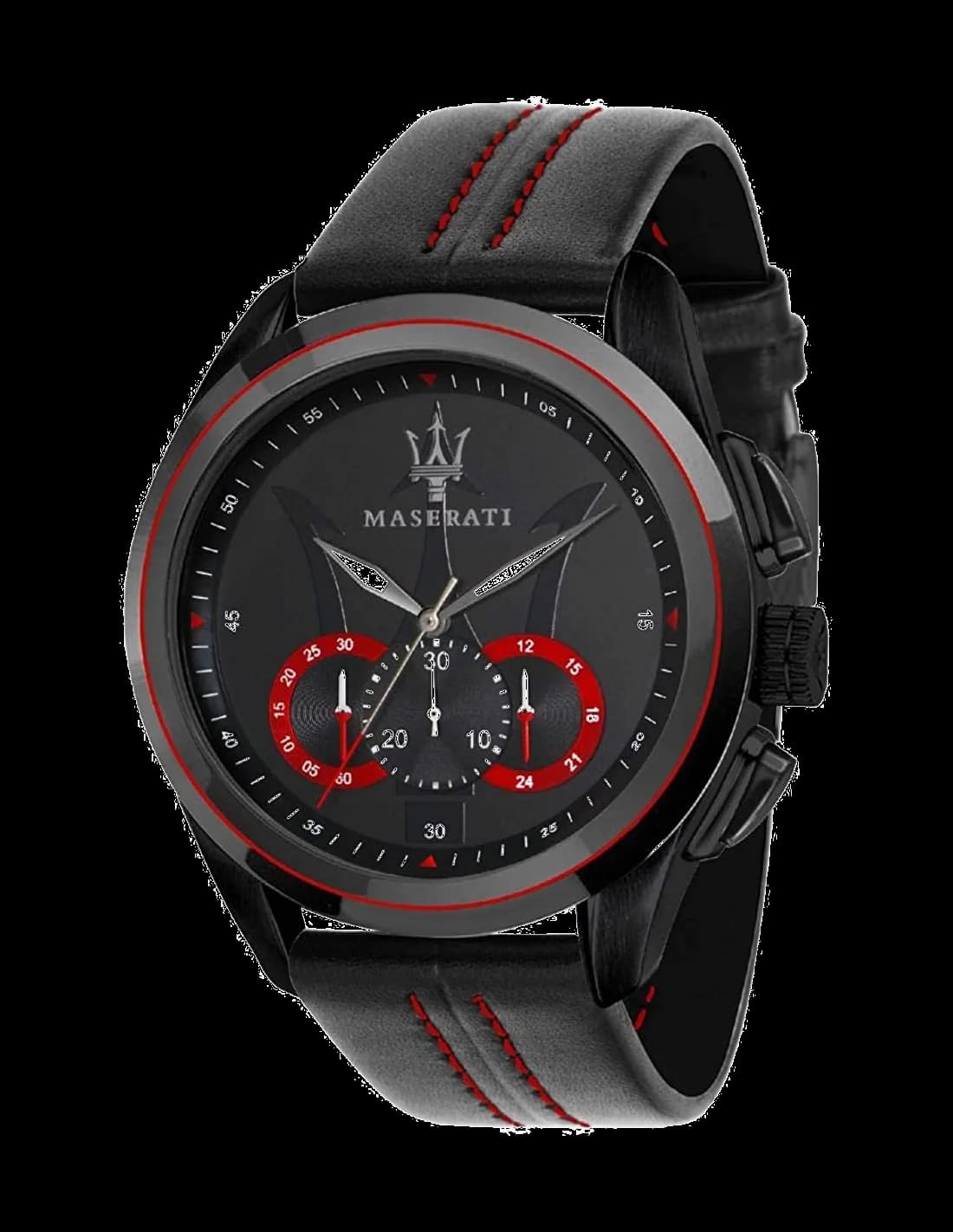 Garde-temps Maserati R8871612023 avec cadran noir soleillé, aiguilles bâton et index appliqués, style sport-élégant