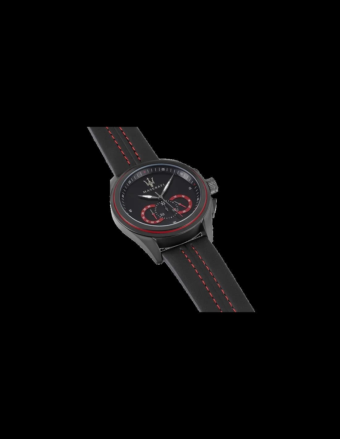 Attache bracelet Maserati R8871612023 en cuir noir à surpiqures rouges, boucle ardillon signée Maserati, cousu main