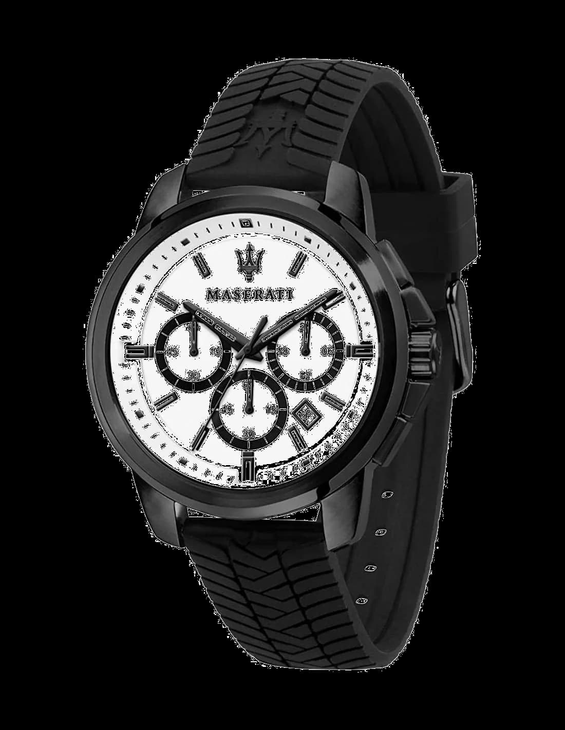 Garde-temps Maserati R8871621010 affichant un cadran noir soleillé à index bâtons et aiguilles squelettées, style sport-élégant