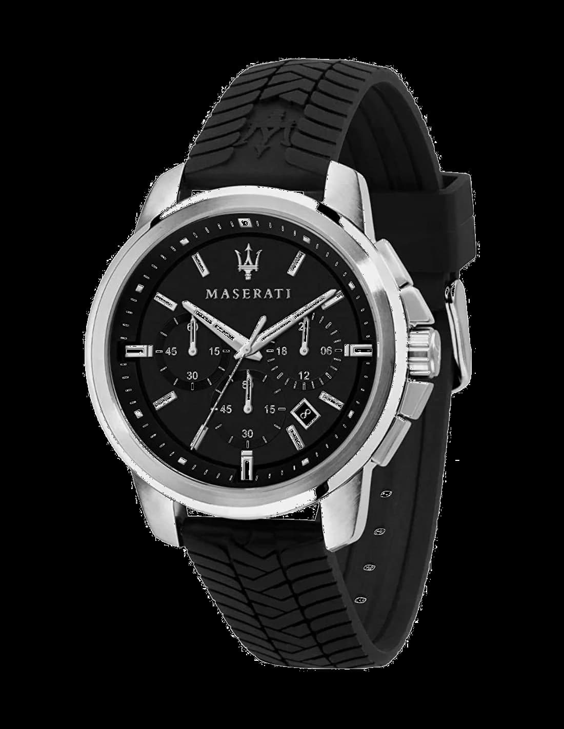 Garde-temps Maserati R8871621014 au cadran noir soleillé, aiguilles luminescentes et index bâtons, style sport-élégant