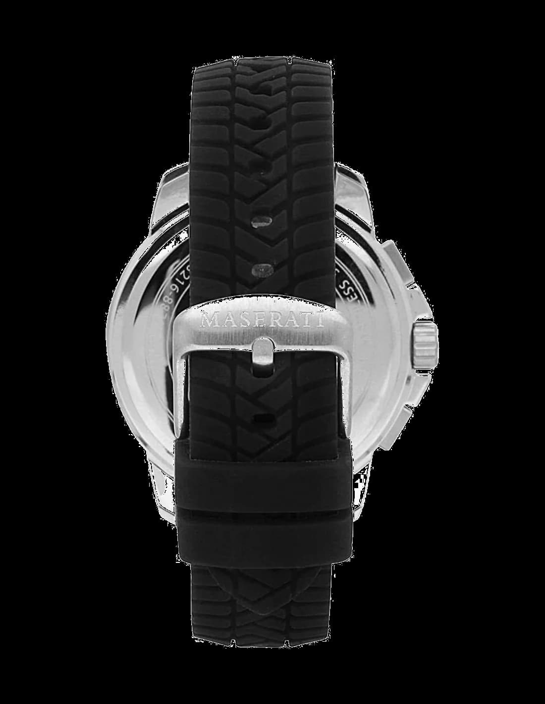 Visage cadran Maserati R8871621014 avec index appliqués, aiguilles squelettes, date à 3h, mouvement quartz suisse