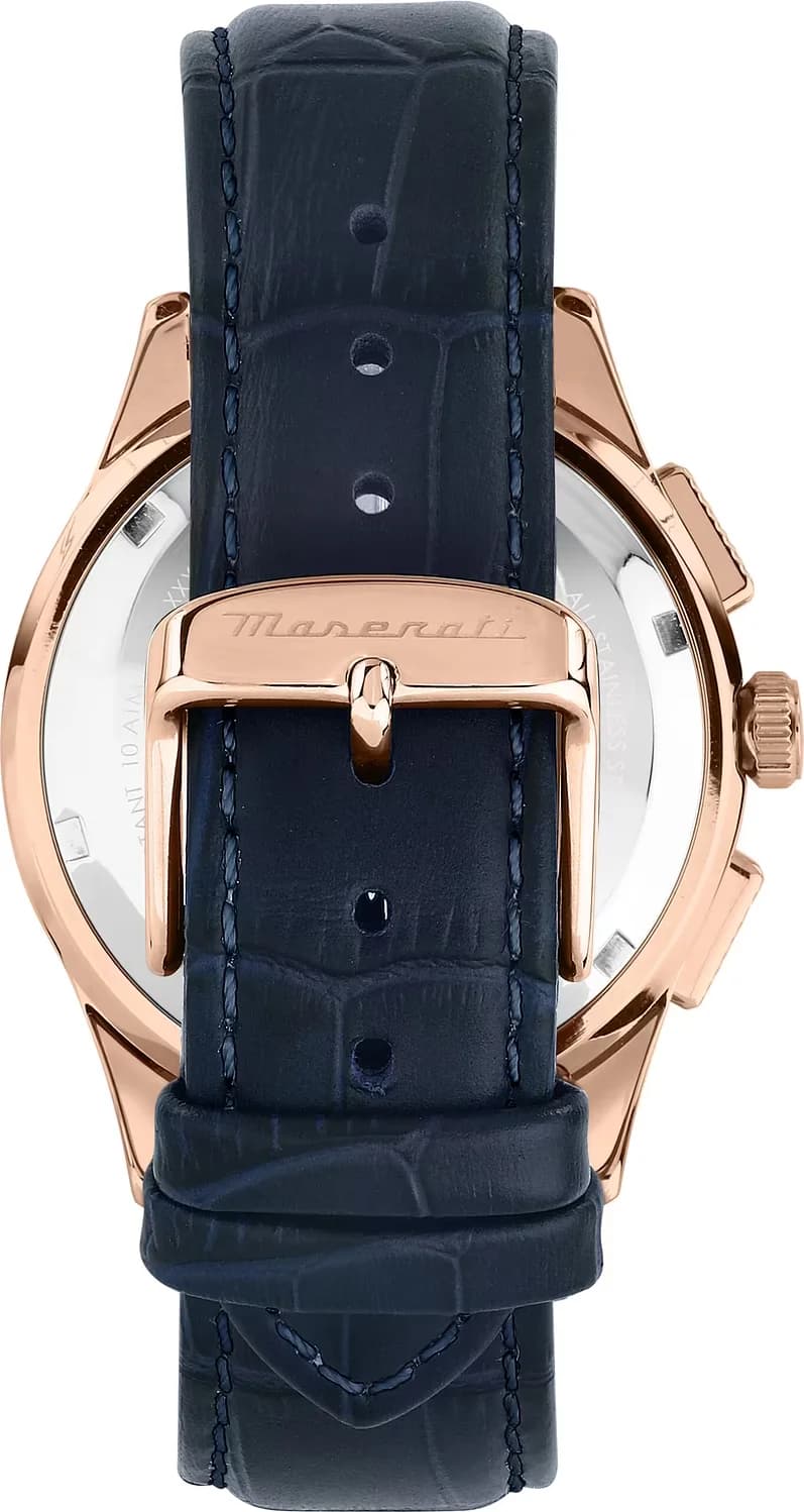 Attache bracelet Maserati R8871624009 en cuir bleu marine cousu, boucle déployante acier or rose, surpiqûres contrastées