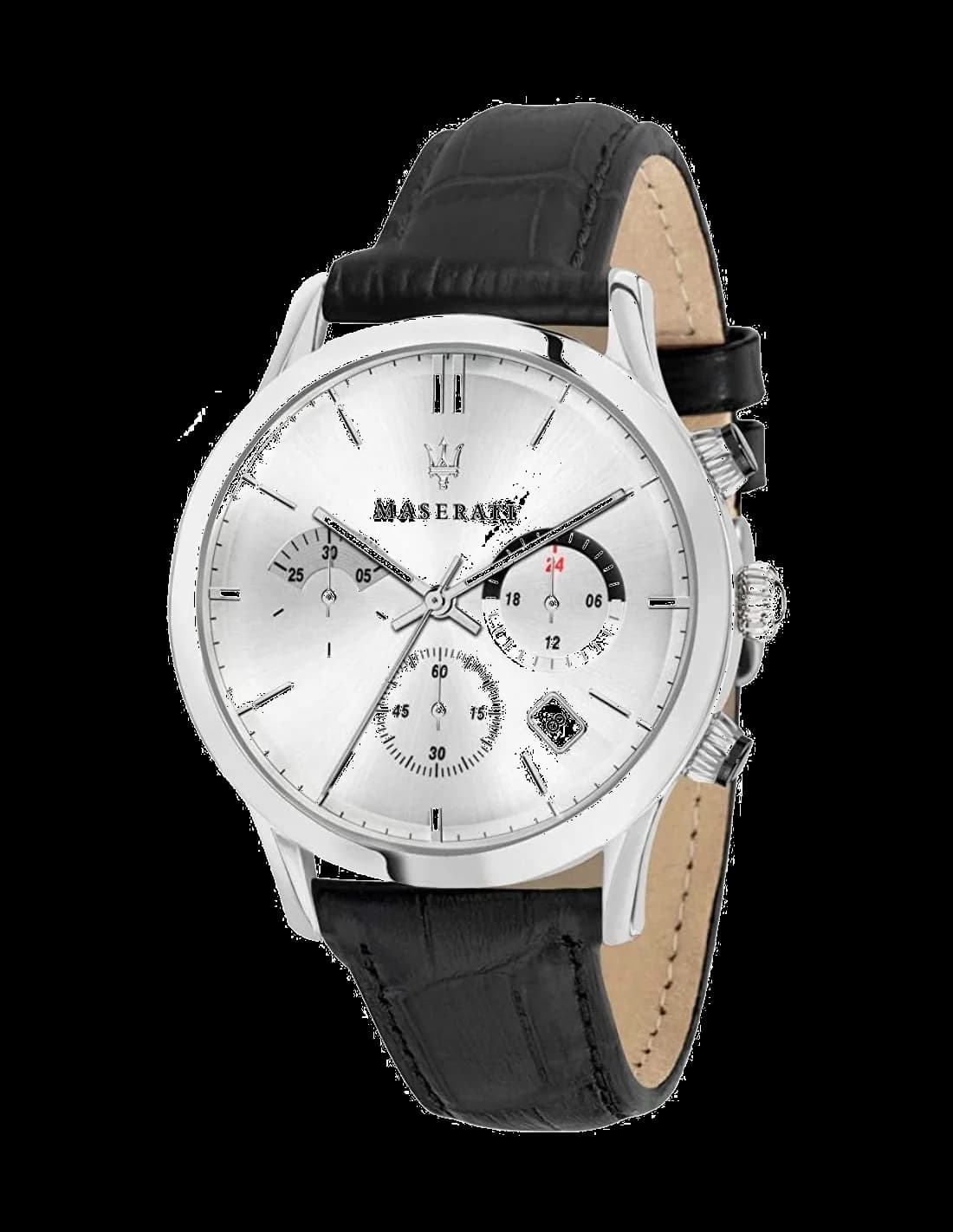 Garde-temps Maserati R8871633001 avec cadran noir soleillé et aiguilles luminescentes sur fond argenté