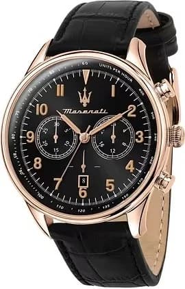 Garde-temps Maserati R8871646001 avec cadran noir soleillé, aiguilles luminescentes et compteurs chronographe sur fond argenté