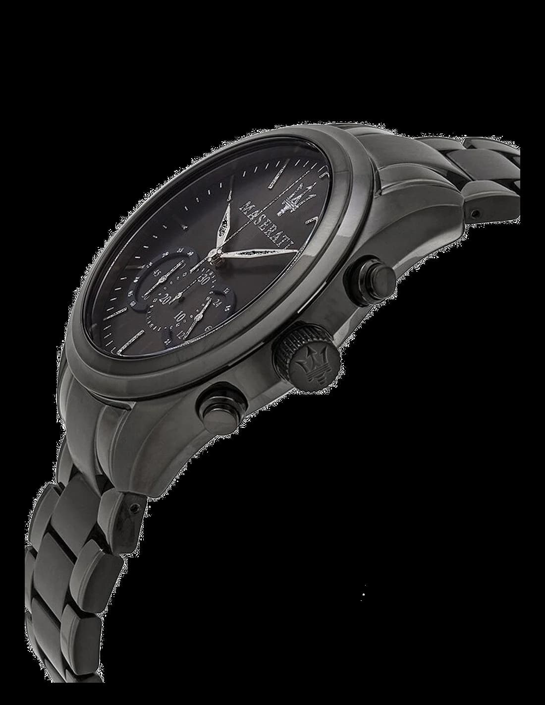 Visage cadran Maserati R8873612002 avec compteurs chronographe, guichet date à 4h30, aiguilles squelettes et index facettés