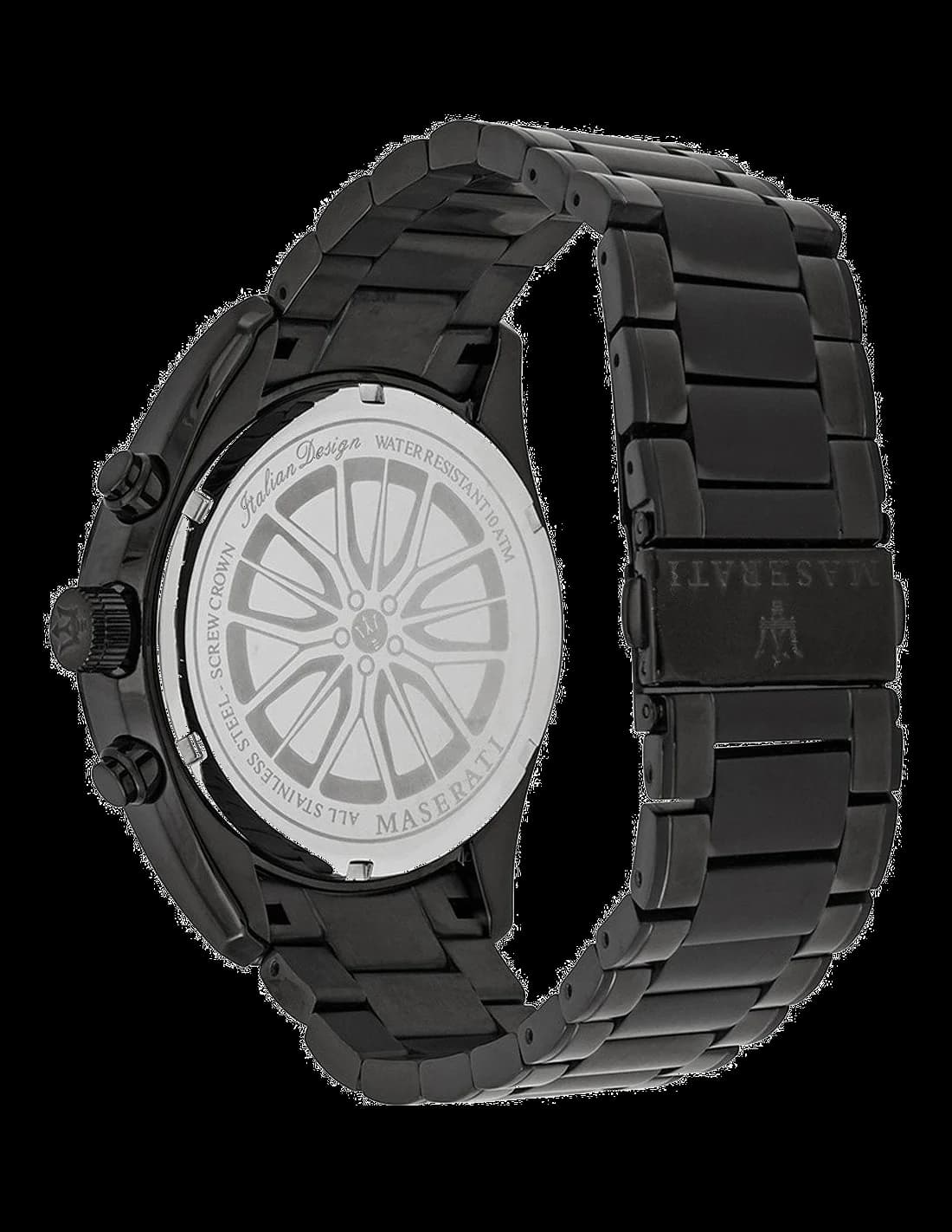Attache bracelet Maserati R8873612002 en acier noir PVD, fermoir déployant triple boucle signé Maserati, maillons satinés et polis